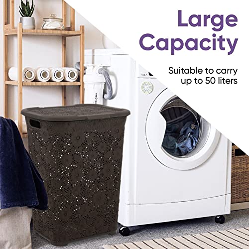 Laundry Hamper With Lid Lace Design 50 Liter - Brown Laundry Hamper Basket With Cutout Handles, Rectangular Shape Modern Style Bin - Dirty Cloths Storage. By Superio