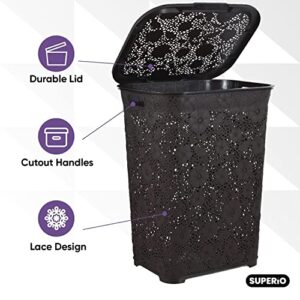 Laundry Hamper With Lid Lace Design 50 Liter - Brown Laundry Hamper Basket With Cutout Handles, Rectangular Shape Modern Style Bin - Dirty Cloths Storage. By Superio