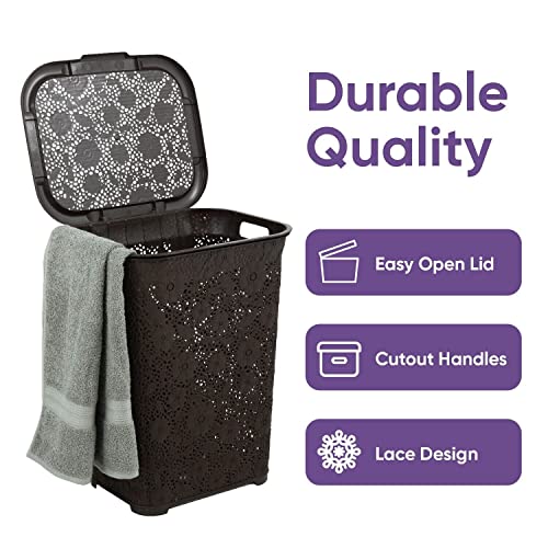 Laundry Hamper With Lid Lace Design 50 Liter - Brown Laundry Hamper Basket With Cutout Handles, Rectangular Shape Modern Style Bin - Dirty Cloths Storage. By Superio