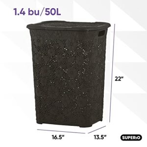 Laundry Hamper With Lid Lace Design 50 Liter - Brown Laundry Hamper Basket With Cutout Handles, Rectangular Shape Modern Style Bin - Dirty Cloths Storage. By Superio