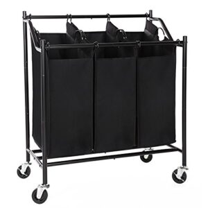 songmics rolling laundry cart sorter, with 3 removable bags, casters and brakes, black