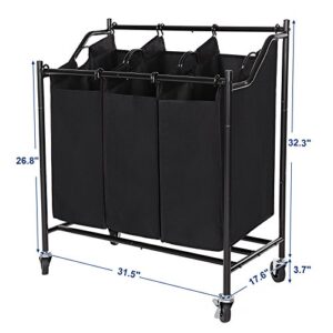 SONGMICS Rolling Laundry Cart Sorter, with 3 Removable Bags, Casters and Brakes, Black