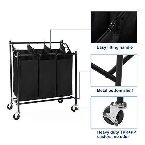 SONGMICS Rolling Laundry Cart Sorter, with 3 Removable Bags, Casters and Brakes, Black