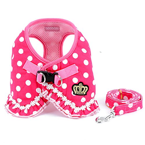 SELMAI Brother cat Dog Small Dog Harness Pink Leash Set Ladies Polka Dot Vest Mesh Padded Lead for Pet Cat Puppy Girls S