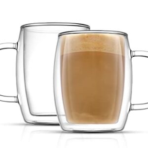 JoyJolt Double Wall Glass Coffee Mugs - 13.5oz Double Walled Glasses, Thermal Borosilicate Glass Insulated Coffee Mug. Clear Coffee Glass Cup, Cappuccino Mug, Iced Coffee Cup, Tea Mugs