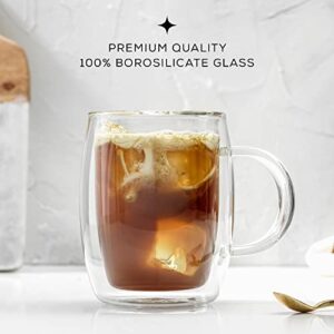 JoyJolt Double Wall Glass Coffee Mugs - 13.5oz Double Walled Glasses, Thermal Borosilicate Glass Insulated Coffee Mug. Clear Coffee Glass Cup, Cappuccino Mug, Iced Coffee Cup, Tea Mugs