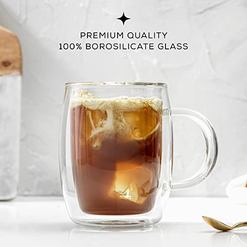 JoyJolt Double Wall Glass Coffee Mugs - 13.5oz Double Walled Glasses, Thermal Borosilicate Glass Insulated Coffee Mug. Clear Coffee Glass Cup, Cappuccino Mug, Iced Coffee Cup, Tea Mugs