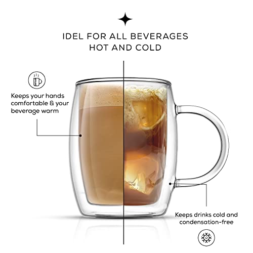 JoyJolt Double Wall Glass Coffee Mugs - 13.5oz Double Walled Glasses, Thermal Borosilicate Glass Insulated Coffee Mug. Clear Coffee Glass Cup, Cappuccino Mug, Iced Coffee Cup, Tea Mugs