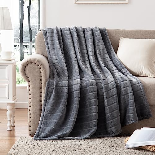 Bertte Decorative Stripe Lightweight Fleece Cozy Sofa Bed Seasons Throw 330 GSM Soft Plush Fuzzy Warm Fluffy Blanket, 50"x 60", Dark Grey