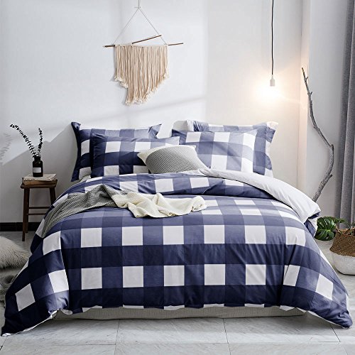 Merryfeel Cotton Duvet Covet Set,100% Cotton Yarn Dyed Buffalo Check Duvet Cover Set, Gingham Plaid Bedding Set- Full/Queen Navy