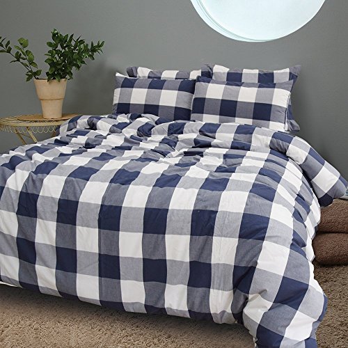 Merryfeel Cotton Duvet Covet Set,100% Cotton Yarn Dyed Buffalo Check Duvet Cover Set, Gingham Plaid Bedding Set- Full/Queen Navy