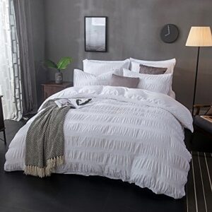 Merryfeel Seersucker Duvet Cover Set Queen,100% Cotton White Textured Striped 3 Piece Duvet Cover & Sham Bedding Set (Queen 90x90)