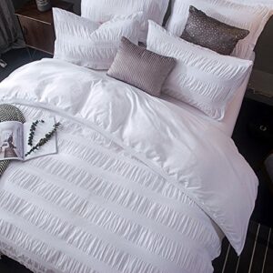 Merryfeel Seersucker Duvet Cover Set Queen,100% Cotton White Textured Striped 3 Piece Duvet Cover & Sham Bedding Set (Queen 90x90)