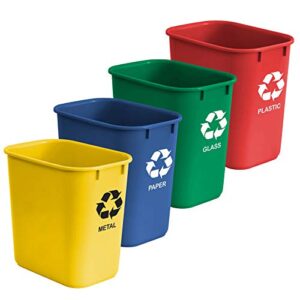 acrimet wastebasket bin for recycling 27qt (made of plastic) (metal/yellow, paper/blue, glass/green, plastic/red) (set of 4)