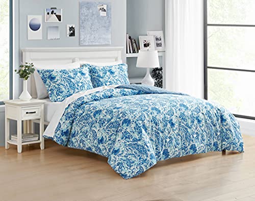 Poppy & Fritz - King Comforter Set, Reversible Cotton Bedding with Matching Shams, Medium Weight for All Seasons (Brooke Blue, King)