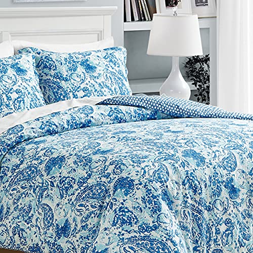 Poppy & Fritz - King Comforter Set, Reversible Cotton Bedding with Matching Shams, Medium Weight for All Seasons (Brooke Blue, King)