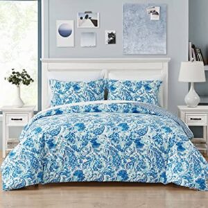 Poppy & Fritz - King Comforter Set, Reversible Cotton Bedding with Matching Shams, Medium Weight for All Seasons (Brooke Blue, King)