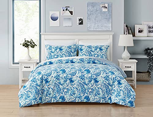 Poppy & Fritz - King Comforter Set, Reversible Cotton Bedding with Matching Shams, Medium Weight for All Seasons (Brooke Blue, King)