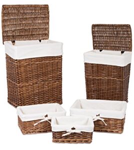 birdrock home woven willow baskets with liner for storage and laundry - set of 5 - rectangular hamper bins with lids - decorative wooden wicker basket for organizing blankets - baby organizer - brown