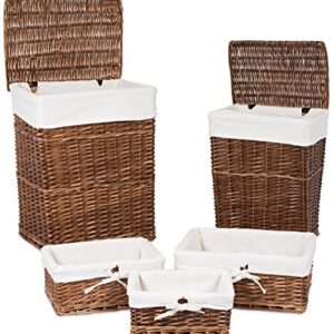 BIRDROCK HOME Woven Willow Baskets with Liner for Storage and Laundry - Set of 5 - Rectangular Hamper Bins with Lids - Decorative Wooden Wicker Basket for Organizing Blankets - Baby Organizer - Brown