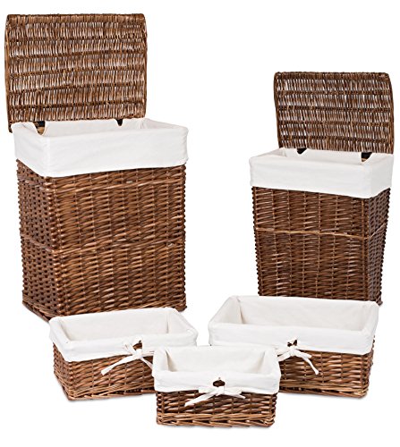 BIRDROCK HOME Woven Willow Baskets with Liner for Storage and Laundry - Set of 5 - Rectangular Hamper Bins with Lids - Decorative Wooden Wicker Basket for Organizing Blankets - Baby Organizer - Brown