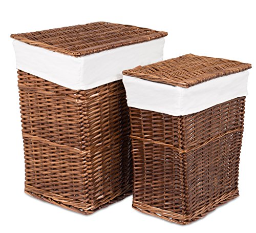 BIRDROCK HOME Woven Willow Baskets with Liner for Storage and Laundry - Set of 5 - Rectangular Hamper Bins with Lids - Decorative Wooden Wicker Basket for Organizing Blankets - Baby Organizer - Brown