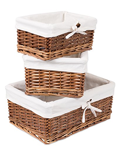 BIRDROCK HOME Woven Willow Baskets with Liner for Storage and Laundry - Set of 5 - Rectangular Hamper Bins with Lids - Decorative Wooden Wicker Basket for Organizing Blankets - Baby Organizer - Brown