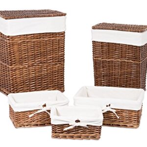 BIRDROCK HOME Woven Willow Baskets with Liner for Storage and Laundry - Set of 5 - Rectangular Hamper Bins with Lids - Decorative Wooden Wicker Basket for Organizing Blankets - Baby Organizer - Brown