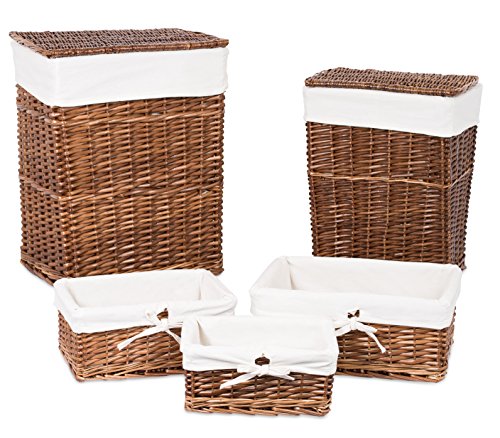 BIRDROCK HOME Woven Willow Baskets with Liner for Storage and Laundry - Set of 5 - Rectangular Hamper Bins with Lids - Decorative Wooden Wicker Basket for Organizing Blankets - Baby Organizer - Brown