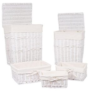 birdrock home woven willow baskets with liner for storage and laundry - set of 5 - rectangular hamper bins with lids - decorative wooden wicker basket for organizing blankets - baby organizer - white