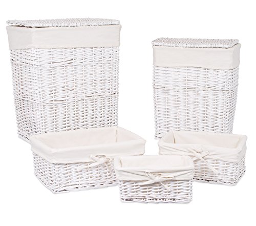 BIRDROCK HOME Woven Willow Baskets with Liner for Storage and Laundry - Set of 5 - Rectangular Hamper Bins with Lids - Decorative Wooden Wicker Basket for Organizing Blankets - Baby Organizer - White