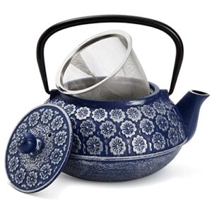 blue cast iron chinese teapot with infuser for loose leaf tea, includes handle and removable lid (34oz)