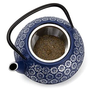 Blue Cast Iron Chinese Teapot with Infuser for Loose Leaf Tea, Includes Handle and Removable Lid (34oz)