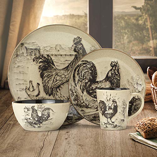 Pfaltzgraff Homespun Rooster 16-Piece Dinnerware Set, Service for 4 Brown