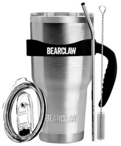 mallome bearclaw insulated tumbler with handle & straw - stainless steel tumblers coffee travel mug - reusable insulated cup for water with brush, 2 lids & straws - splash-proof 30 oz silver