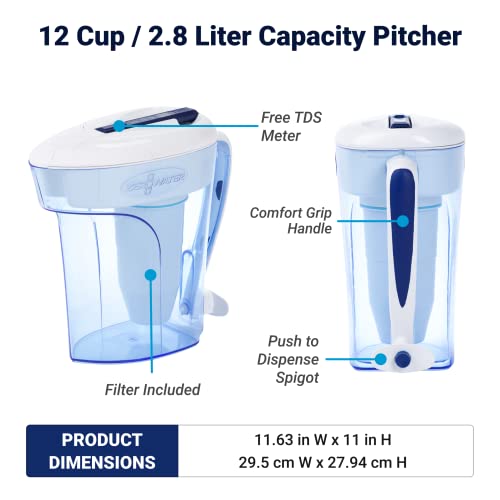 ZeroWater 12-Cup Ready-Pour 5-Stage Water Filter Pitcher 0 TDS for Improved Tap Water Taste - NSF Certified to Reduce Lead, Chromium, and PFOA/PFOS