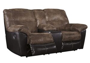 signature design by ashley follett faux leather manual pull tab reclining loveseat with center console, two tone brown