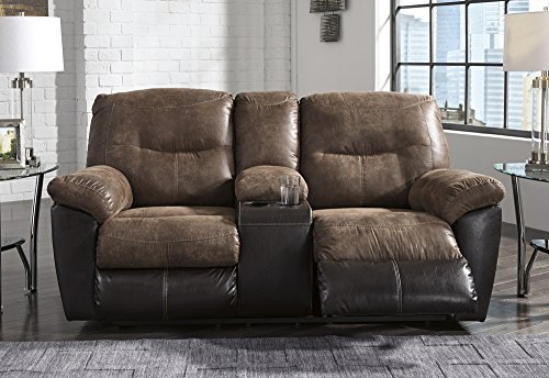 Signature Design by Ashley Follett Faux Leather Manual Pull Tab Reclining Loveseat with Center Console, Two Tone Brown