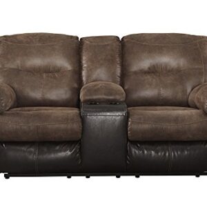 Signature Design by Ashley Follett Faux Leather Manual Pull Tab Reclining Loveseat with Center Console, Two Tone Brown