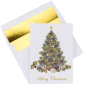 premium christmas cards - 20 pack - traditional christmas tree with gold embossed foil and linen texture - 20 heavyweight holiday cards and gold foil lined envelopes