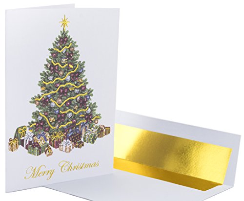 Premium Christmas Cards - 20 Pack - Traditional Christmas Tree with Gold Embossed Foil and Linen Texture - 20 Heavyweight Holiday Cards and Gold Foil Lined Envelopes