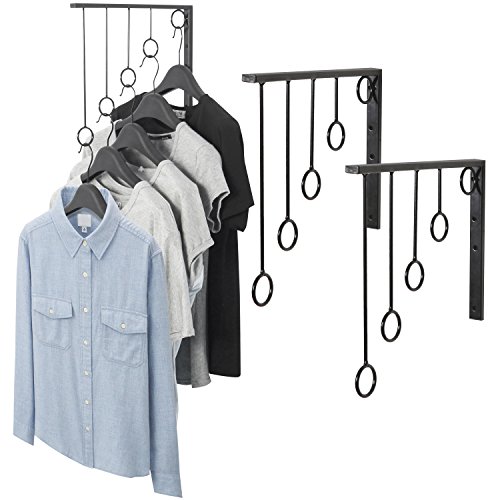 MyGift Set of 3 Wall-Mounted Metal Garment Rack/Bedroom Closet/Retail Clothing Organizer with 5 Hanging Rings, Black