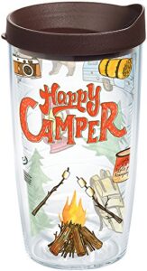 tervis happy camper tumbler with wrap and brown lid 16oz, clear