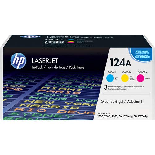 HP Q6001A Q6002A Q6003A 124A CM1015 CM1017 Color LaserJet 1600 2600 2605 (Cyan Yellow Magenta, 3-Pack) in Retail Packaging