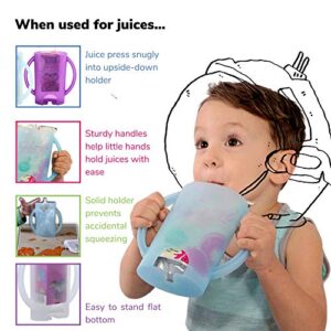 Original Squeeze Proof Flipping Holder 2-Pack with Open Bottom for Food Pouches & Juice Boxes - Multipurpose - Prevent Messes & Support Self-Feeding - Easy Grasping Handles - Made in USA