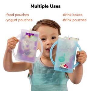 Original Squeeze Proof Flipping Holder 2-Pack with Open Bottom for Food Pouches & Juice Boxes - Multipurpose - Prevent Messes & Support Self-Feeding - Easy Grasping Handles - Made in USA