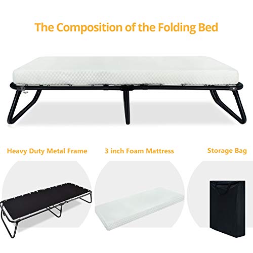 Quictent Heavy Duty Folding Bed with Two Extra Support Belts, 300 lbs Max Weight Capacity, Guest Bed, Daybed with 3D Stretch Knit Material Cover Mattress and Storage Bag