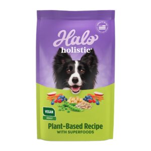 halo holistic plant-based recipe with superfoods, complete digestive health, vegan dry dog food bag, adult formula, 10-lb bag