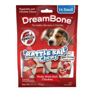 dreambone rattleball chews, rawhide free dog chews made with real chicken, beef & pork, 18 count