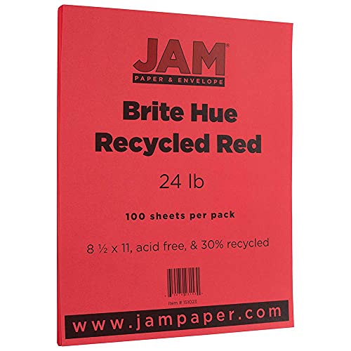 JAM PAPER Colored 24lb Paper - 90 gsm - 8.5 x 11 - Red Recycled - 50 Sheets/Pack